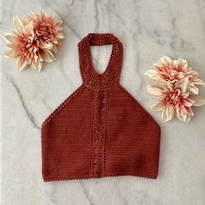 American Eagle Burnt Red Orange Crochet Halter Crop Top
